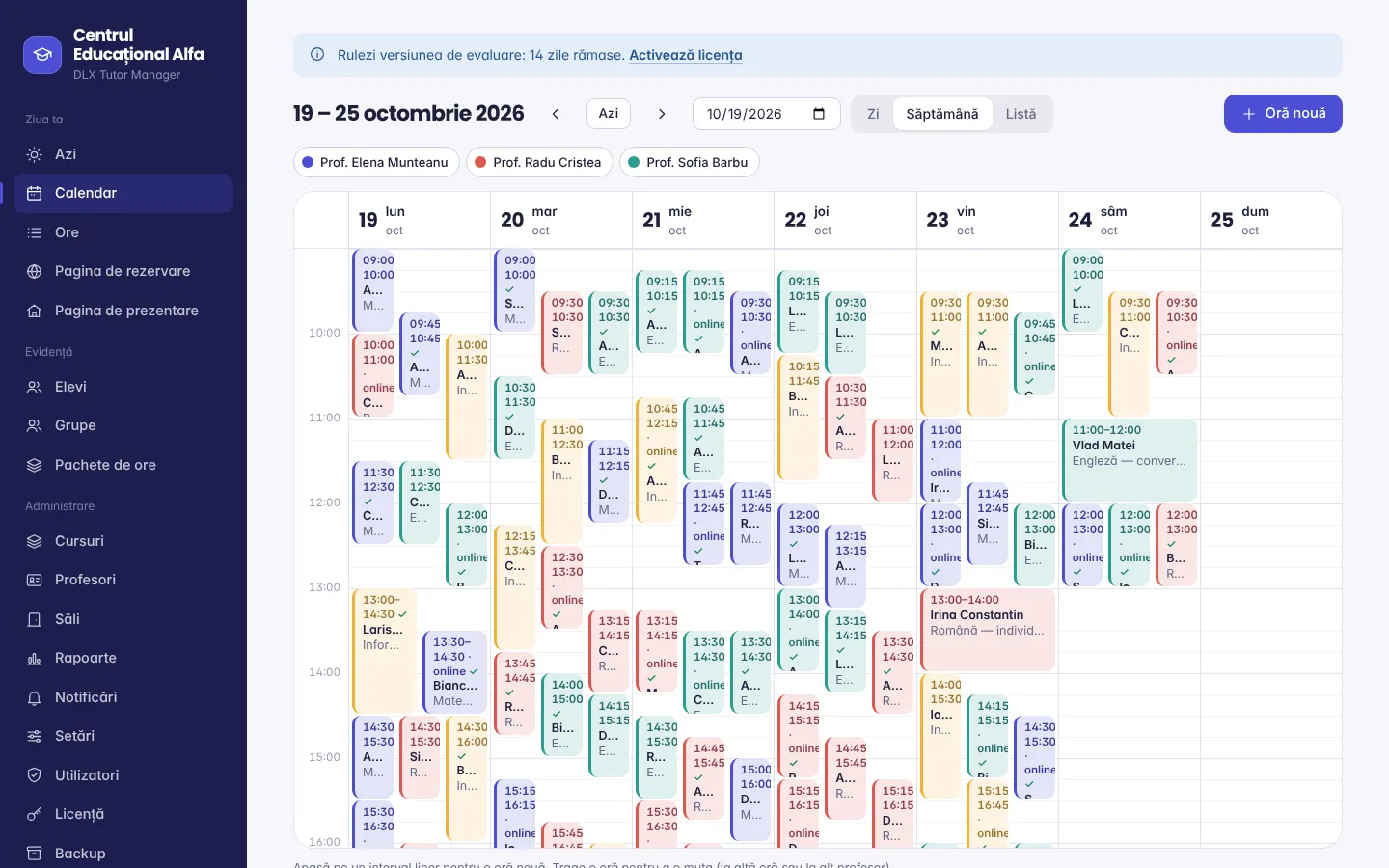 Calendar săptămânal pe profesori și săli